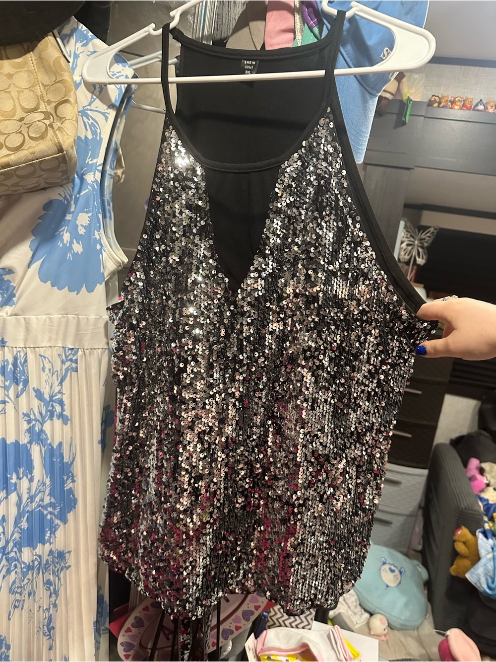 SHEIN Black Silver Sequin Tank Dress for Girls